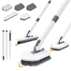 three brooms, brushes and cleaning supplies are shown in this image on a white background