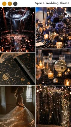 a collage of photos showing different types of wedding decorations and lights in the dark