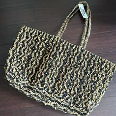 Large Black And Brown Woven Tote Bag! Black Beach Bag For Vacation, Casual Black Bags For Vacation, Casual Black Bag For Vacation, Black Tote Beach Bag For Vacation, Casual Black Straw Bag For Day Out, Urban Outfitters Travel Bags For Summer, Urban Outfitters Summer Travel Bags, Urban Outfitters Rectangular Shoulder Bag For Summer, Black Summer Bags For Day Out