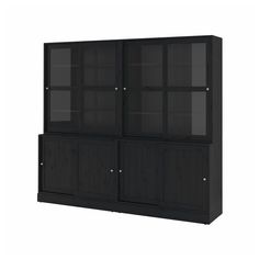 a black bookcase with glass doors on the top and bottom shelves, in front of a white background