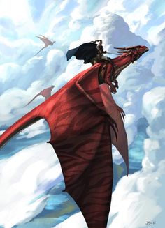 a woman in a red dress flying through the air with a dragon on her back