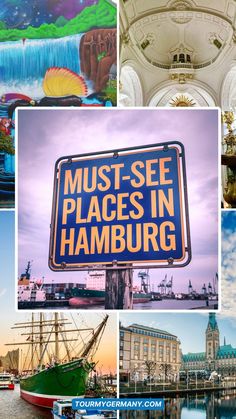 there are many different pictures with words on them that say must - see places in hamburg