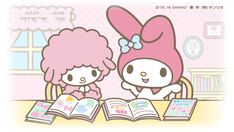 two cartoon characters sitting at a table with an open book