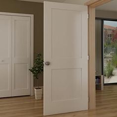 an empty room with two white doors and a potted plant in the corner next to it