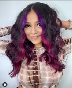 Fantasy Color Money Piece Hair, Plum Hair With Pink Money Piece, Pink And Purple Money Piece Hair, Vivid Money Piece Hair, Rainbow Peekaboo Hair, Purple Halo Hair, Vivid Hair Color Ideas For Brunettes, Purple Money Piece Hair, Fun Colored Hair