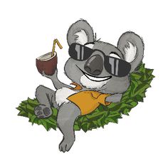 a cartoon koala bear wearing sunglasses and holding a drink in its hand, while sitting on