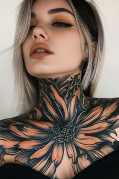 a woman with tattoos on her neck and chest