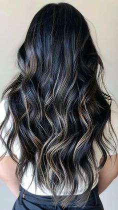 Colour Ideas For Black Hair, Dark Haired Highlights, Ombre Balayage Black Hair, Dark Dark Hair With Highlights, Balayage From Black Hair, Best Hair Highlights For Black Hair, Highlighted Hair For Black Hair, Super Dark Hair With Dimension, Ashy Dark Balayage