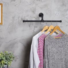 two shirts hanging on a clothes rack next to a potted plant and framed photograph