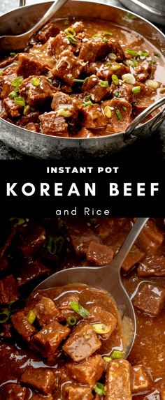 korean beef and rice is being served in a skillet with a spoon on the side