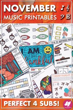 the november music printables are perfect for kids to use in their homes and classroom