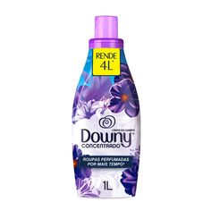 a bottle of downy hair care product on a white background with purple flowers in it