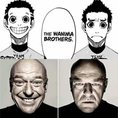 three faces with different facial expressions and the words wanna brothers written on each one face