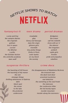 the netflix shows to watch list with popcorn and other things on it, including movies