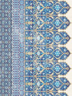 an intricately designed blue and gold wallpaper with ornate designs on the border,