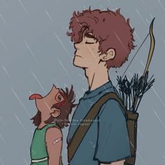 a boy and girl are standing in the rain with an arrow on their shoulder, looking at each other