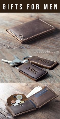 I love these handmade leather wallets I found at JooJoobs. You can get them personalized with a name, initials or a quote. They also have FREE SHIPPING (all orders receive free shipping) which is cool. #giftsForMen Men's Briefcase, Leather Wallet Pattern, Men Bracelets, Name Initials, Best Wallet