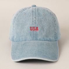 Denim Cotton Baseball Cap USA embroidered design  6-panel design hat 100% denim cotton Relaxed fit and pre-curved visor one size fits most, with adjustable strap Recommended Care Instructions  Spot clean only. Cheap Blue Trucker Hat With Embroidered Logo, Cheap Embroidered Baseball Cap One Size, Cute Trucker Hat, Trendy Hats, Vans Shorts, Money Pit, Hat Hair, Zach Bryan, Embroidered Hat