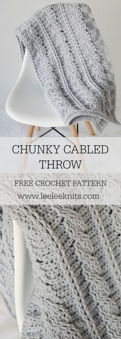 the chunky cabled throw is knitted in grey and white, with text overlay