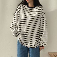 Korean Streetwear, T Shirts Women, Formal Casual, Bottoming Shirt, Striped T Shirt, Basic Long Sleeve, Student Fashion, Collars For Women, Casual Tee