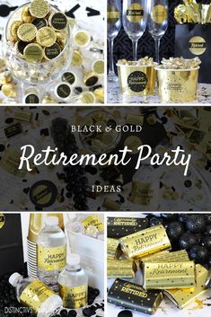 the black and gold retirement party is filled with champagne, confetti, and candy