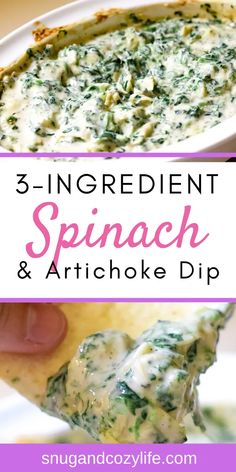 spinach and artichoke dip with text overlay