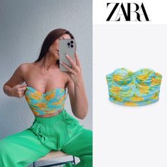 Color - Green Blue Mixed Strapless Straight Neck Top Draped Fabric Hidden Inseam Zip Closure At Hem Fitted Zara Tube Top For Summer, Zara Fitted Tube Top For Summer, Tulle Corset Top, Tulle Corset, Beaded Crop Top, Mock Neck Crop Top, Turtle Neck Crop Top, Black Bustier, Cotton Crop Top