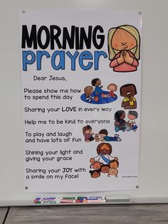 a sign that says morning prayer with pictures of children