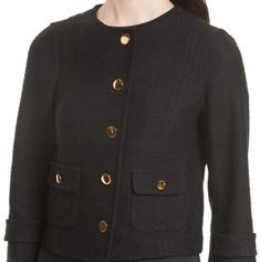 Instantly Refine Your Outfit With A Fitted Collarless Jacket Cut From Softly Textured Tweed And Polished With Glossy Goldtone Buttons. 20 1/2" Length (Size Medium) 37" Bust Front Button Closure Collarless Three-Quarter Sleeves With Button-Tab Cuffs Front Button-Flap Patch Pockets 97% Cotton, 3% Other Fibers Elegant Kate Spade Outerwear For Work, Elegant Kate Spade Spring Outerwear, Kate Spade Fall Outerwear For Work, Kate Spade Fitted Fall Outerwear, Kate Spade Coat, Womens Tweed, Pea Coats Women, Black Velvet Blazer, Ruffle Jacket