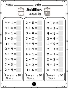 addition worksheet with two numbers and one place to write the number ten times