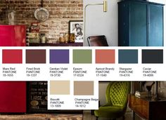 a room with brick walls and furniture in different colors, including red, green, purple, blue, yellow, and brown