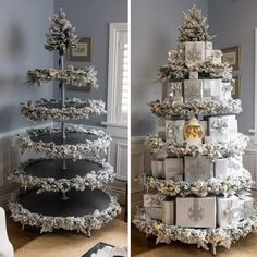 a christmas tree with presents on it in the living room, and then decorated by someone else