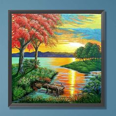 a painting of a beautiful sunset over a lake with trees in the foreground and flowers on the bank