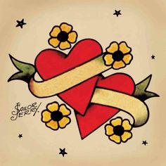 an old school tattoo design with flowers and two hearts