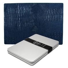 a white and blue leather case for an ipad