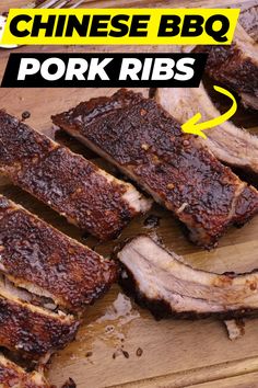 sliced pork ribs on a cutting board with chinese bbq in the background text reads pork ribs