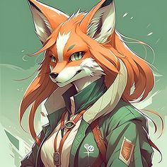 a fox with long red hair and green eyes