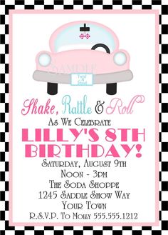 1950's Sock Hop Birthday Party Invitations 50s Sock Hop, Retro Birthday Parties, Pink Convertible, Sock Hop, Retro Birthday, Twist And Shout, Birthday Invitations Girl, Invitation Envelopes, Themed Birthday Party