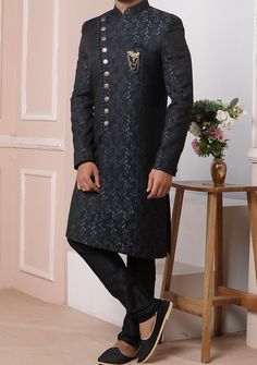 Ready-Made Sherwani With Trouser. Jacquard Brocade Fabric Top. Art Dupion Churidar Ready Made Trouser. Crafted in Chinese Collar Neck, and Full Sleeve. Satin Lining with Plain Work. High-Quality Matching Buttons. Please Note: The footwear shown in the picture is for presentation and photography purpose only. Color: There might be slight color variation due to lightings and flashes while photo shooting. The color may also vary because of different screen resolutions. Wash Care: Dry Clean Only. Formal Bollywood Salwar Kameez With Cutdana, Traditional Formal Full Length Sets, Traditional Formal Full-length Sets, Formal Floor-length Art Silk Sets, Formal Semi-stitched Salwar Kameez With Cutdana, Formal Floor-length Kurta For Festive Occasions, Eid Brocade Sets In Floor-length, Formal Festive Floor-length Kurta, Eid Brocade Sets Floor-length