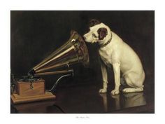 a painting of a dog looking at an old fashioned record player with its mouth open