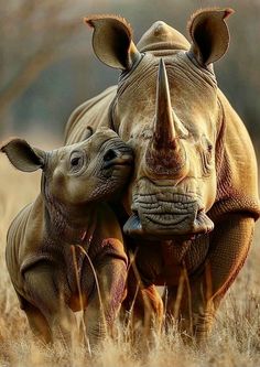 two rhinoceros standing next to each other in tall grass