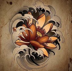 an artistic tattoo design with flowers and waves