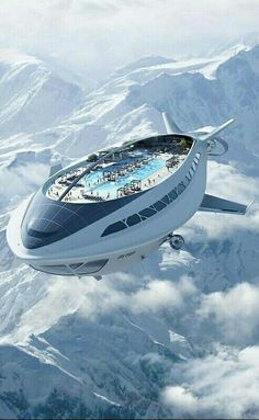 an airplane flying in the air with a swimming pool on it's wing and some clouds below