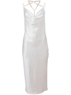 ivory white silk satin finish chain-link detailing cowl neck adjustable spaghetti straps straight hem mid-length slip-on style White Satin Slip Dress With Spaghetti Straps, White Satin Finish Slip Dress For Evening, White Slip Dress With Satin Finish And Spaghetti Straps, Elegant White Slip Dress With Satin Finish, White Elegant Slip Dress With Satin Finish, White Silk Slip Dress With Satin Finish, Chic White Silk Satin Dress, White Silk Satin Chic Dress, Elegant White Satin Slip Dress