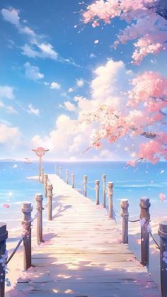 a pier with pink flowers on it and the sky in the background is full of clouds