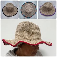 four different pictures of a woman's hat with multiple colors and designs on the brim