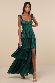 Stunning Glory Hunter Green Floral Jacquard Tiered Maxi Dress Wedding Guest Dress Chiffon, Green Wedding Guest Dress Fall, Eclectic Cocktail Dress, Cowgirl Formal Dress, Hacienda Wedding Dress Guest, Castle Wedding Guest Dress, Country Formal Wedding Guest Attire, Farm Formal Wedding Guest Attire, Emerald Green Formal Dresses