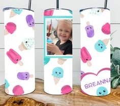 two personalized ice cream canisters, one with a photo and the other with an icecream