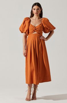 Short sleeve midi dress Concealed zipper closure on back Cutout on bodice Tulip sleeves Dry clean only Shell: 90% Lyocell, 10% Linen / Lining: 100% Rayon Style# ACDR101649L Short Sleeve Wedding Guest Dress, Nola Elopement, Bali Outfit, Orange Outfits, Dress Code Wedding, Puff Sleeve Midi Dress, Short Sleeve Midi Dress, Brunch Dress, Photos Inspo