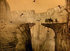 birds flying over a cliff with two people on horses